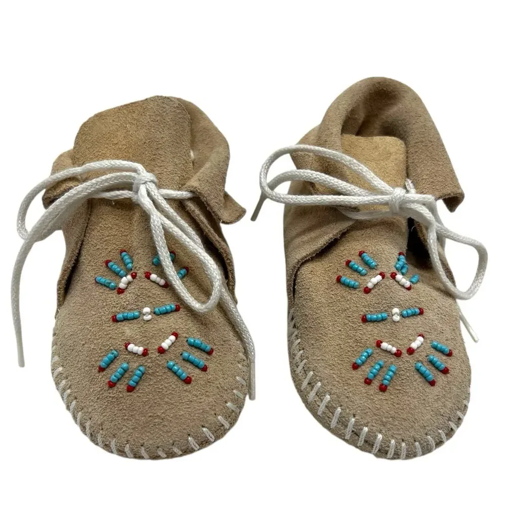 VTG TAOS Baby Infant Deer Skin Leather Moccasins Native Beaded Bird Shoes 9-12mo